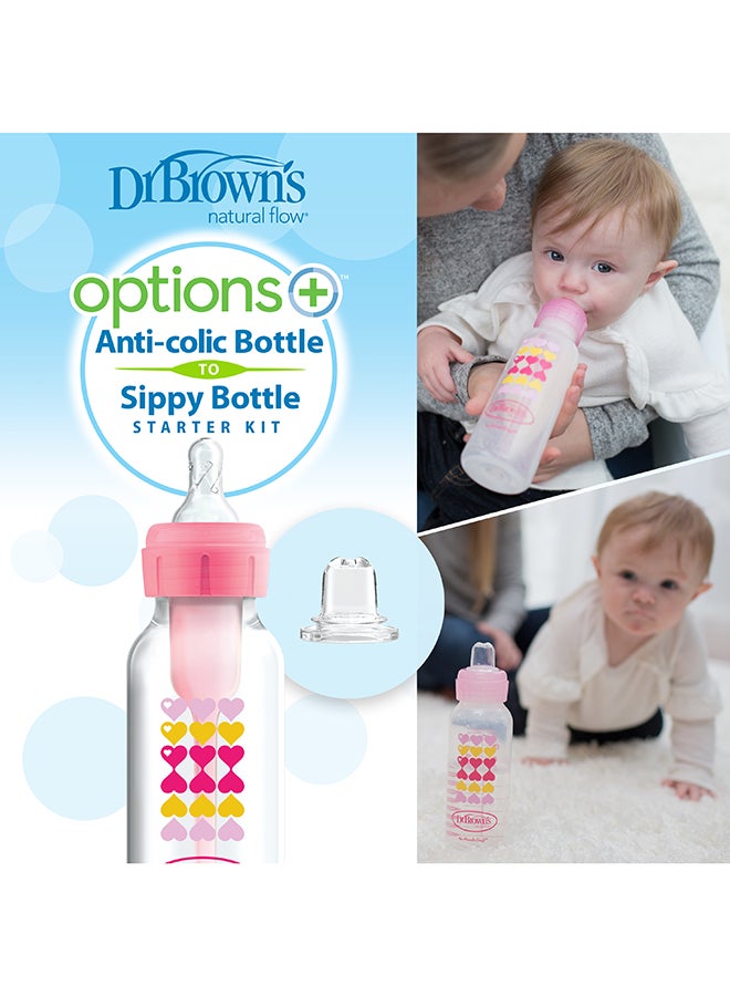 دكتور براونز 8 أونصة/250 مل خيارات ضيقة مضادة للمغص + مجموعة بدء الشرب من الزجاجة، قلوب وردية (+ حلمة L3) - Image 5