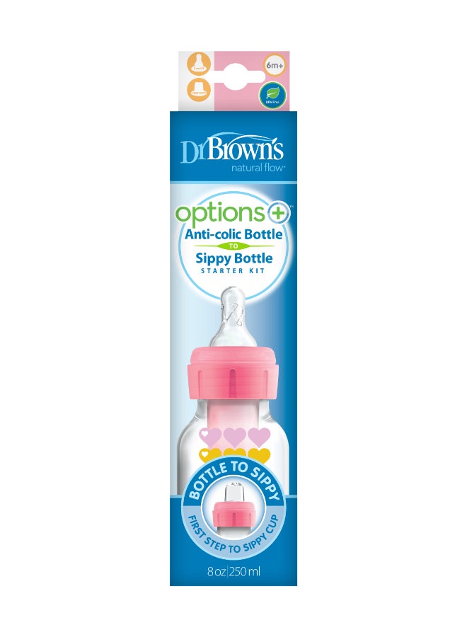 دكتور براونز 8 أونصة/250 مل خيارات ضيقة مضادة للمغص + مجموعة بدء الشرب من الزجاجة، قلوب وردية (+ حلمة L3) - Image 2
