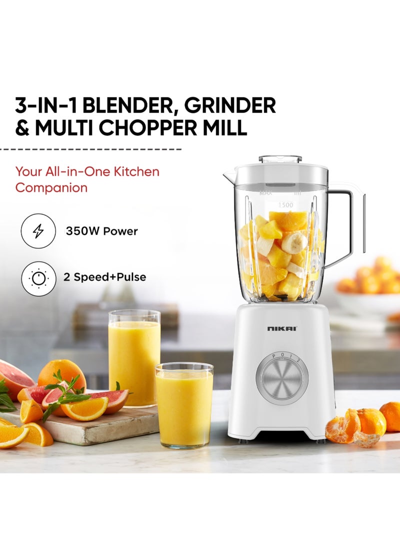 NIKAI 3-in-1 Blender with 1.5 Ltr Liquid Jar, 1 Coffee Grinder & 1 Meat Mincer, 2 Speeds, Stainless Blades, Unbreakable Jar, Perfect for Dry And Wet Fine Grinding, Mixing & Juicing 1.5 L 350 W NB1900NA1 White - Image 3