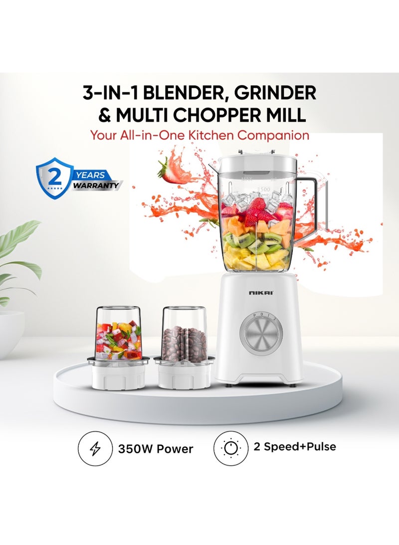 NIKAI 3-in-1 Blender with 1.5 Ltr Liquid Jar, 1 Coffee Grinder & 1 Meat Mincer, 2 Speeds, Stainless Blades, Unbreakable Jar, Perfect for Dry And Wet Fine Grinding, Mixing & Juicing 1.5 L 350 W NB1900NA1 White - Image 2