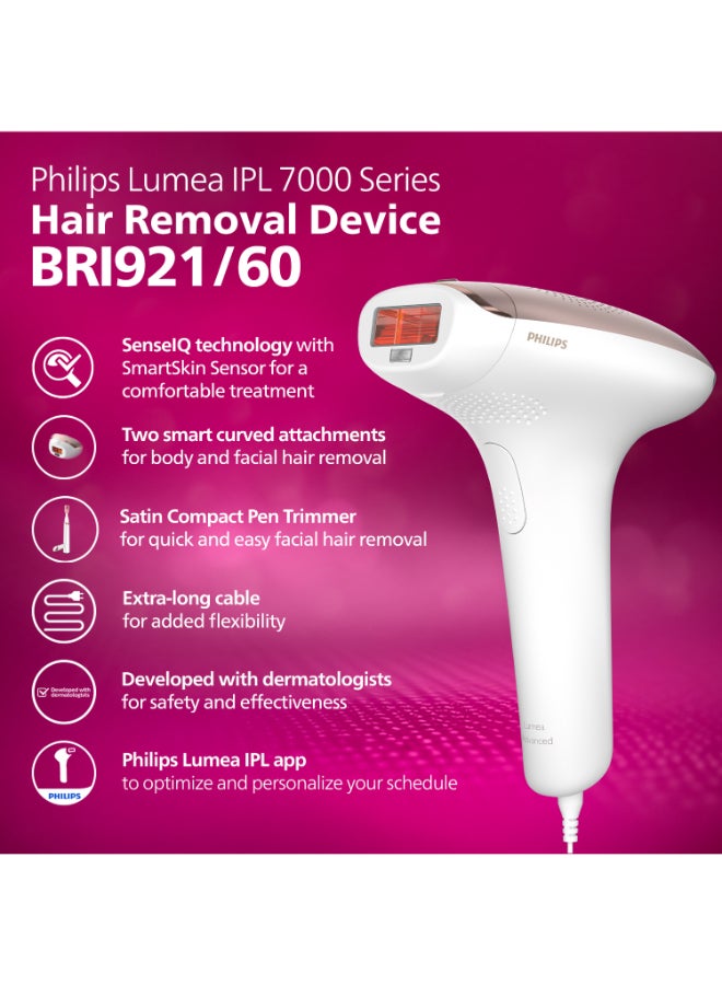 فيليبس - Philips Lumea IPL، إزالة الشعر، سلسلة 7000، مستشعر لون البشرة، ملحقان، الجسم والوجه، قلم تشذيب صغير الحجم، استخدام سلكي، BRI921/60، ضمان استعادة الأموال لمدة 60 يومًا - Image 1