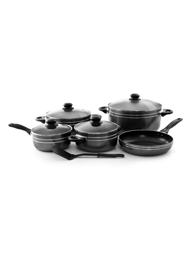 Royalford 10 Pcs Non Stick Cookware Set Strong Aluminium Body, 3 Layer Construction, Cd Bottom, Tempered Glass Lid With Steel Frame Black 28x14.5cm  - Image 1