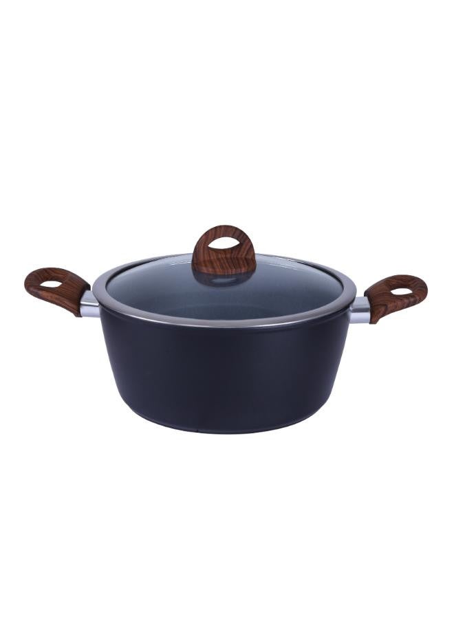 Royalford - 9-Piece Non-Stick Marble Coating Ergonomic Handle Ultra-touch 3MM Base With Induction Technologies Compatible With Multiple Hobs Cookware Set Includes 28 x 13 cm Casserole With Lid, 24 x 11 cm Casserole With Lid, 20 x 9 cm Casserole With Lid, 24 x 4.5 cm, Frypan Lid and 20 x 9 cm Sauce Pan With Lid Black with wooden handles - Image 1