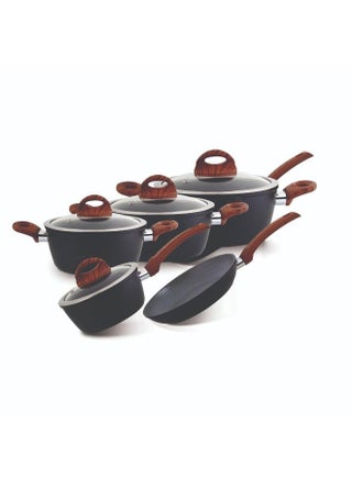 9-Piece Non-Stick Marble Coating Ergonomic Handle Ultra-touch 3MM Base With Induction Technologies Compatible With Multiple Hobs Cookware Set Includes 28 x 13 cm Casserole With Lid, 24 x 11 cm Casserole With Lid, 20 x 9 cm Casserole With Lid, 24 x 4.5 cm, Frypan Lid and 20 x 9 cm Sauce Pan With Lid Black with wooden handles - pnsku/N20628892A/45/_/1739788879/7ea750c7-22db-46c6-952a-5a9e8acdf70e