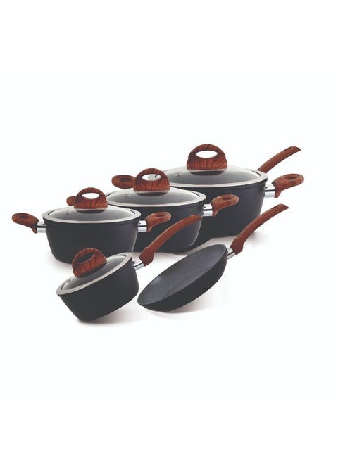 9-Piece Non-Stick Marble Coating Ergonomic Handle Ultra-touch 3MM Base With Induction Technologies Compatible With Multiple Hobs Cookware Set Includes 28 x 13 cm Casserole With Lid, 24 x 11 cm Casserole With Lid, 20 x 9 cm Casserole With Lid, 24 x 4.5 cm, Frypan Lid and 20 x 9 cm Sauce Pan With Lid Black with wooden handles