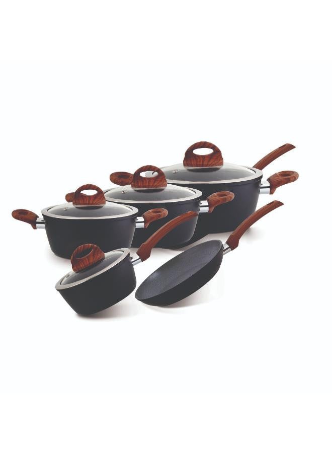 Royalford - 9-Piece Non-Stick Marble Coating Ergonomic Handle Ultra-touch 3MM Base With Induction Technologies Compatible With Multiple Hobs Cookware Set Includes 28 x 13 cm Casserole With Lid, 24 x 11 cm Casserole With Lid, 20 x 9 cm Casserole With Lid, 24 x 4.5 cm, Frypan Lid and 20 x 9 cm Sauce Pan With Lid Black with wooden handles - Image 1