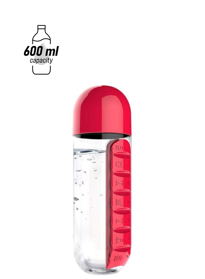 CYTHERIA Plastic Water Bottle With Daily Pill Box Organizer Clear/Red 23.5x6.9cm - Image 1