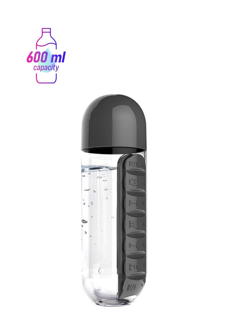 CYTHERIA Plastic Water Bottle With Daily Pill Box Organizer Clear/Black  - Image 1