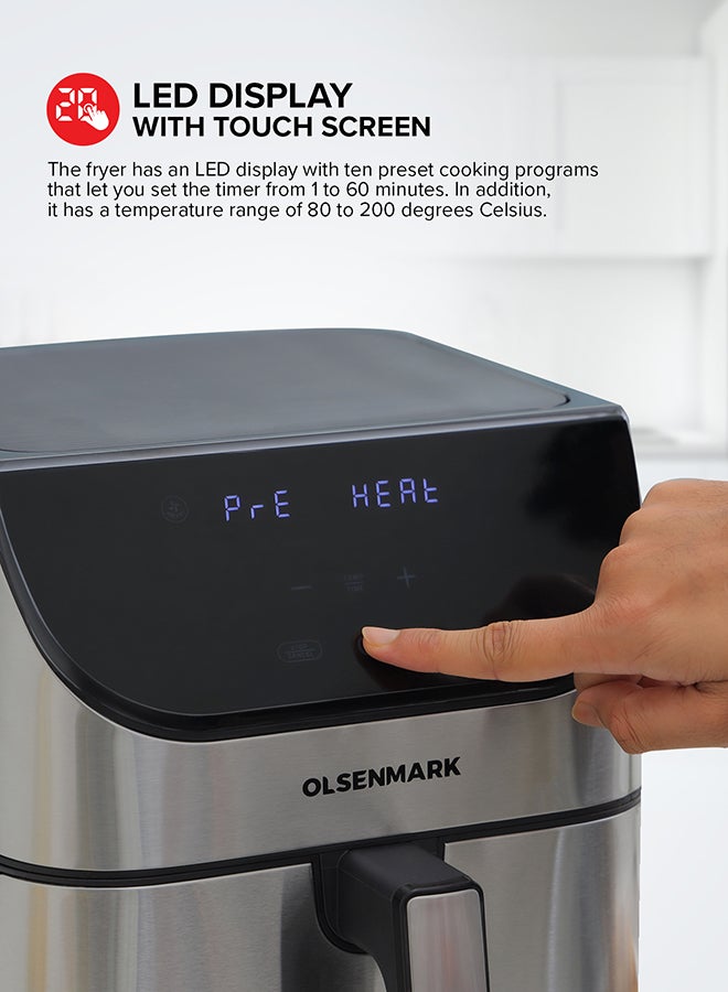 Olsenmark - Digital Air Fryer with Non-Stick Frying Pot and Tray, Oil Free Cooking/ LED Display with Touch Screen, 10 Preset Cook Modes, 1-60 minutes Timer/ for Making Fries, Steak, Chicken, Meat, Bread/ 2 Years Warranty 6 L 1500 W OMAF2346R Black and Silver - Image 1