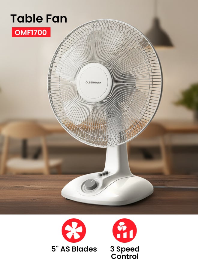 Olsenmark 16" Table Fan With 5" AS Blades For Strong Wind And 3-Speed Levels/ Adjustable Oscillation, 1 Hour Timer OMF1700S White - Image 1