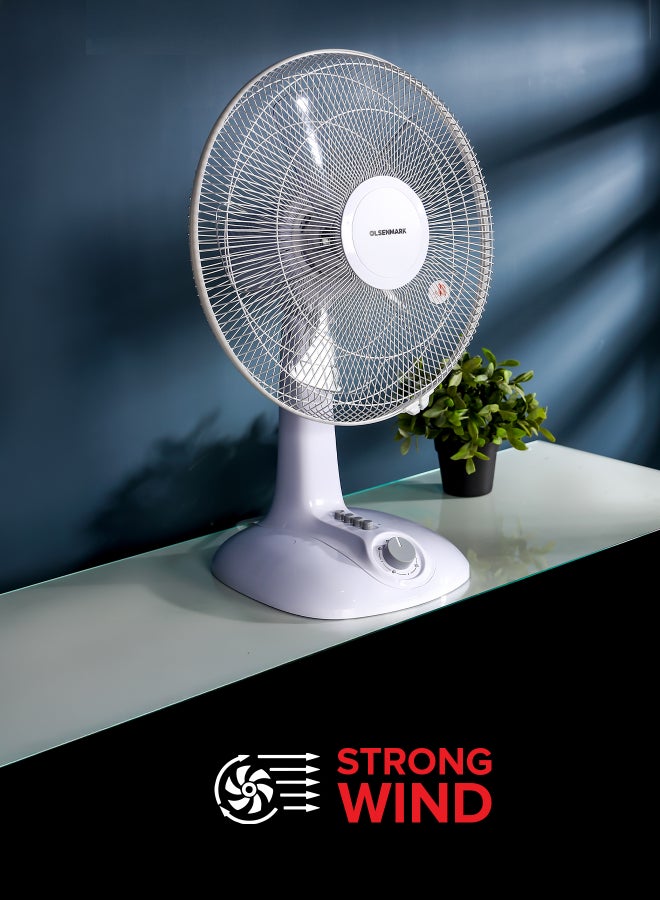 Olsenmark 16" Table Fan With 5" AS Blades For Strong Wind And 3-Speed Levels/ Adjustable Oscillation, 1 Hour Timer OMF1700S White - Image 4