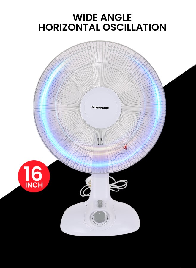 Olsenmark 16" Table Fan With 5" AS Blades For Strong Wind And 3-Speed Levels/ Adjustable Oscillation, 1 Hour Timer OMF1700S White - Image 3