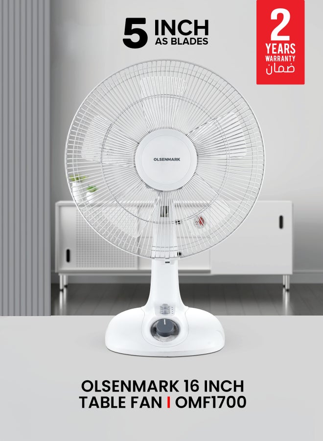 Olsenmark 16" Table Fan With 5" AS Blades For Strong Wind And 3-Speed Levels/ Adjustable Oscillation, 1 Hour Timer OMF1700S White - Image 5