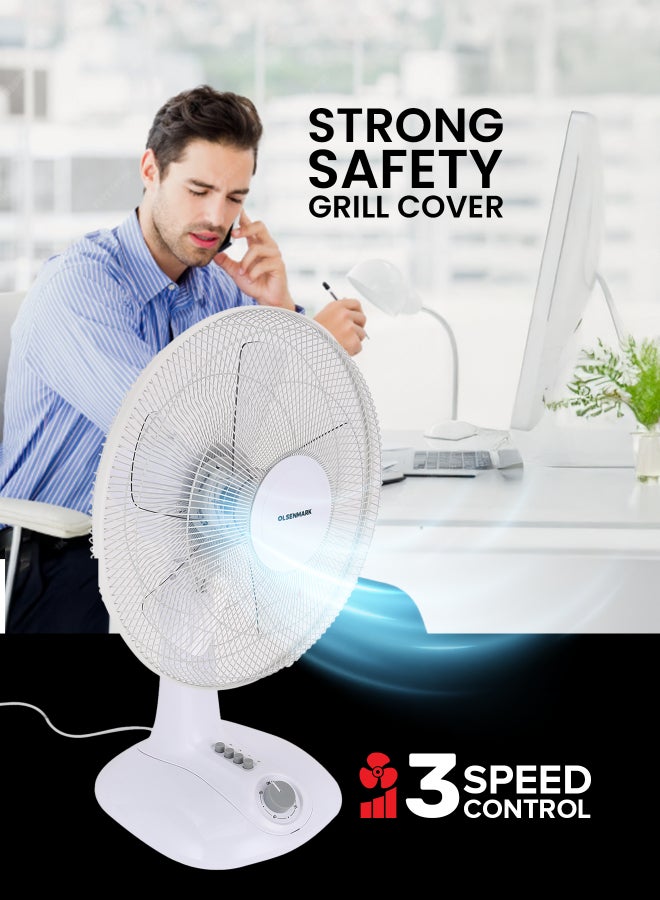 Olsenmark 16" Table Fan With 5" AS Blades For Strong Wind And 3-Speed Levels/ Adjustable Oscillation, 1 Hour Timer OMF1700S White - Image 2