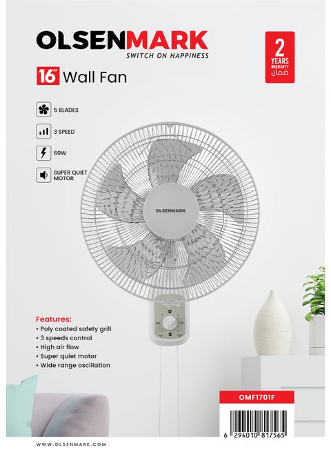 16" Wall Fan OMF1701F, 70W powerful motor and 5 Blades With 3 Speed Control, Super Quiet Motor, High Air Flow and Poly Coated Safety Grill, Wide Range Oscillation 70 W OMF1701F White