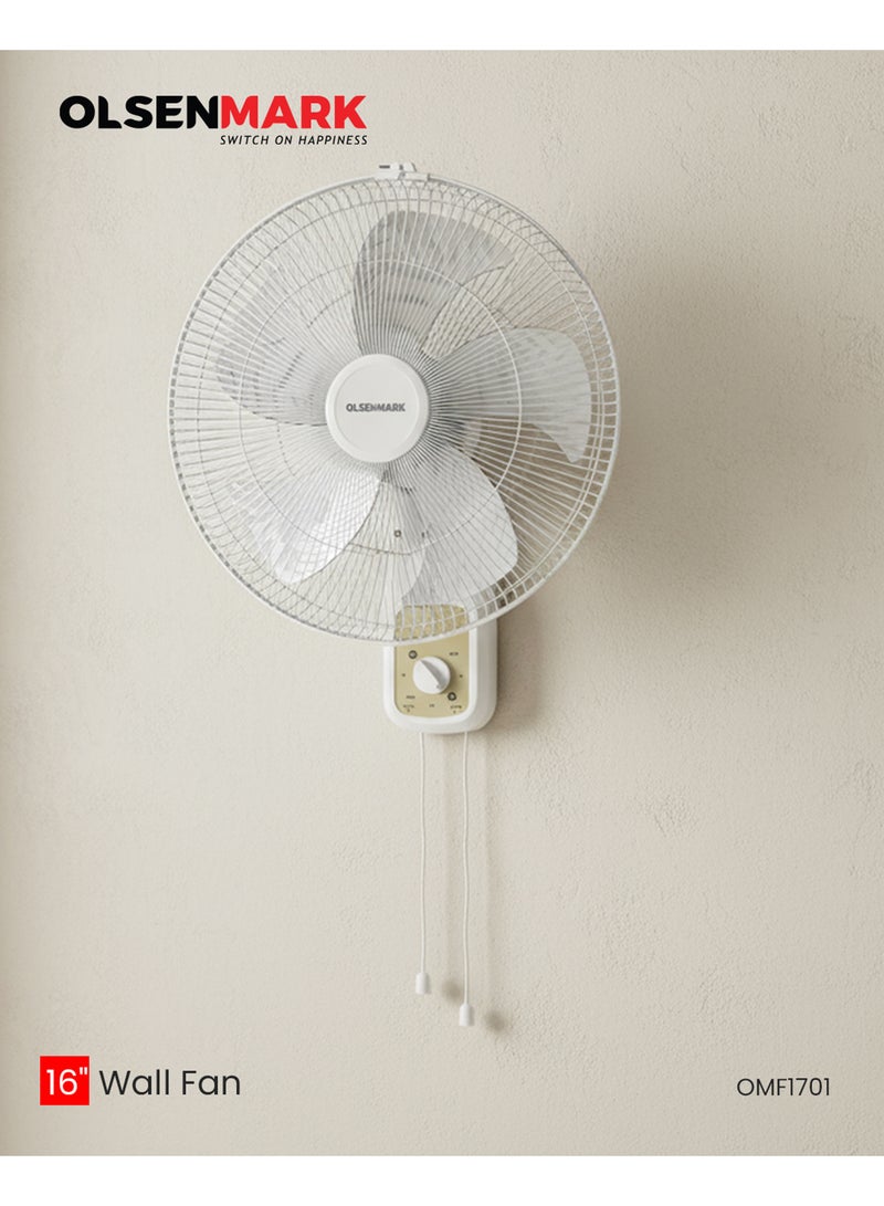 Olsenmark 16" Wall Fan – OMF1701F | 60W Powerful 5-Blade Design for High Airflow | 3 Speed Control, Super Quiet Motor & Wide Oscillation | Perfect Cooling Solution for Home & Office 60 W OMF1701F White - Image 1