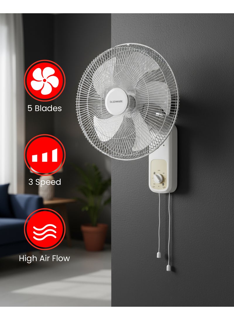 Olsenmark 16" Wall Fan – OMF1701F | 60W Powerful 5-Blade Design for High Airflow | 3 Speed Control, Super Quiet Motor & Wide Oscillation | Perfect Cooling Solution for Home & Office 60 W OMF1701F White - Image 2