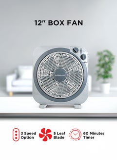 Olsenmark 12 inch Box Fan OMF1723N, 3 Speed Control, 60 minutes timer, Powerful Personal Desk Box Fan With Copper Motor, Table Fan for Office, Home (3 Speed) Fan Guard OMF1723 Grey  - Image 1