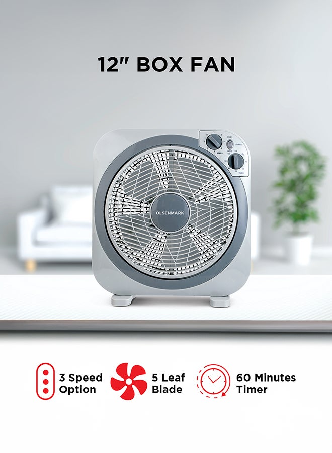 Olsenmark - 12 inch Box Fan OMF1723N, 3 Speed Control, 60 minutes timer, Powerful Personal Desk Box Fan With Copper Motor, Table Fan for Office, Home (3 Speed) Fan Guard OMF1723 Grey - Image 1