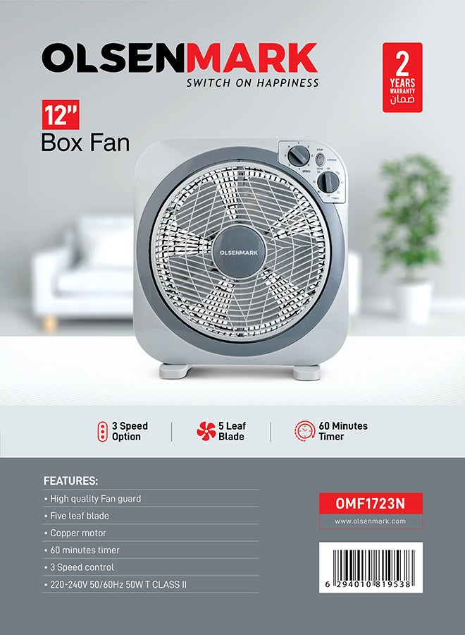 Olsenmark - 12 inch Box Fan OMF1723N, 3 Speed Control, 60 minutes timer, Powerful Personal Desk Box Fan With Copper Motor, Table Fan for Office, Home (3 Speed) Fan Guard OMF1723 Grey - Image 1