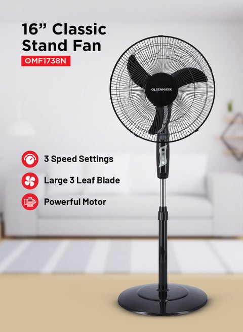 16-Inch Stand Fan | Pedestal Fan with Adjustable Height Up to 1.25m, 3-Speed Settings & Powerful 45W Motor | 3-Blade Design, 75° Oscillation | High-Speed Cooling for Home, Office & Garage OMF1738NH Black