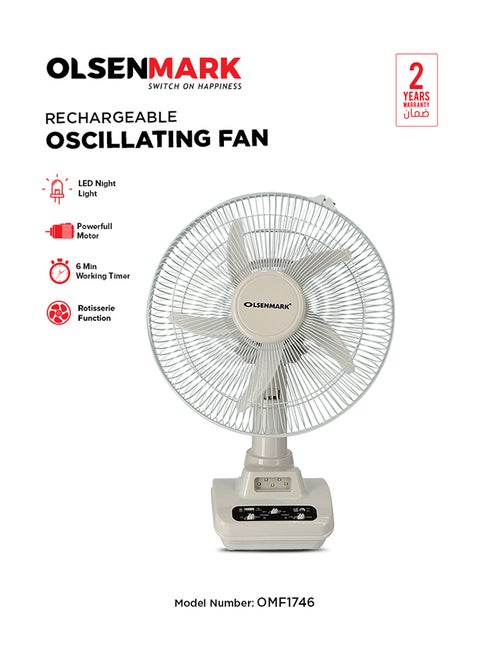 12"Rechargeable Oscillating Fan with 5 Leaf Blades , Mobile phone charging, LED Night Light, Solar Connection, Powerful Motor OMF1746 White