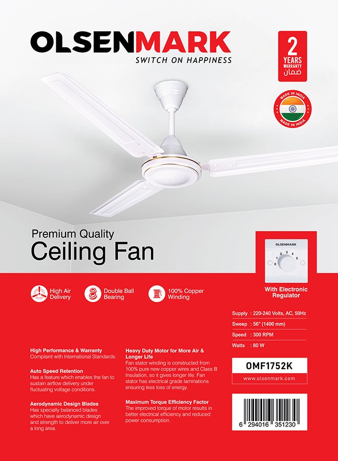 Olsenmark Ceiling Fan 56'' 75 W OMF1752 White  - Image 4