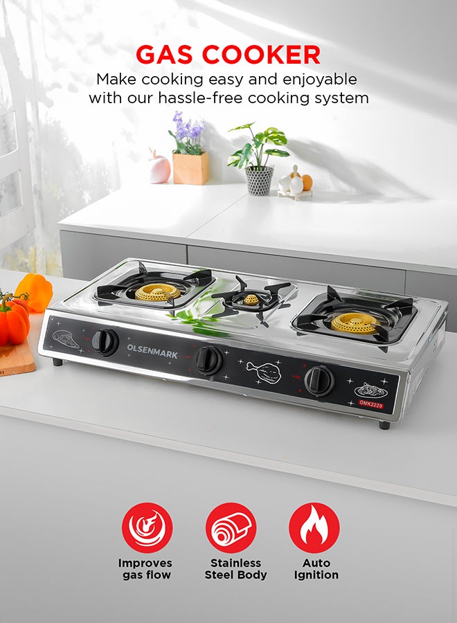 Olsenmark 3 Burner Stainless Steel Gas Stove Cooktop OMK2229 Silver  - Image 1