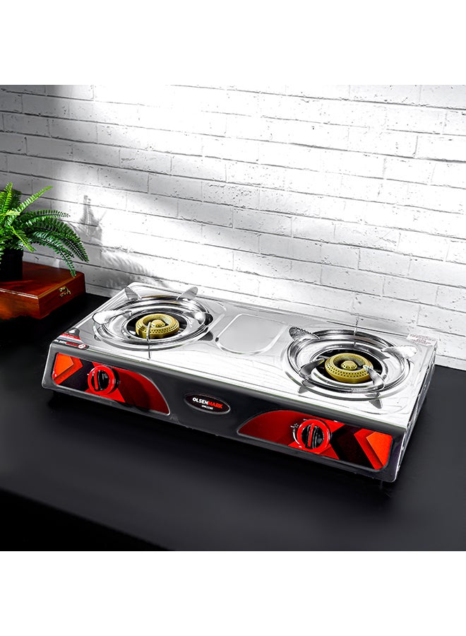 Olsenmark - Double Burner Stainless Steel Gas Cooker OMK2230Z , Enamal Grate And Black Knob, Auto-Ignition Gas Cooker, Electroplated Pan Support, Low Gas Consumption And Efficient Burners OMK2230Z Silver - Image 1