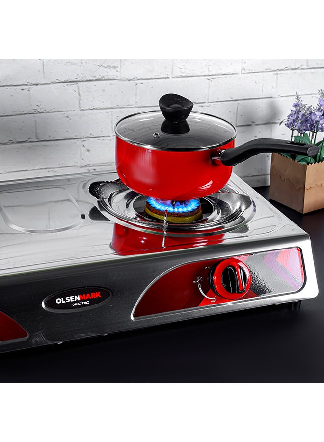 Olsenmark - Double Burner Stainless Steel Gas Cooker OMK2230Z , Enamal Grate And Black Knob, Auto-Ignition Gas Cooker, Electroplated Pan Support, Low Gas Consumption And Efficient Burners OMK2230Z Silver - Image 1