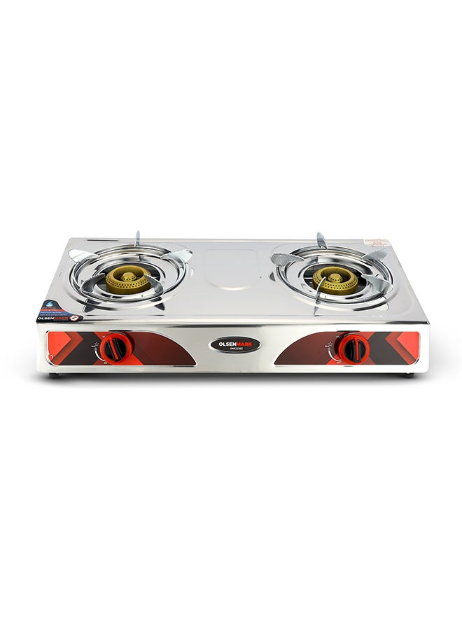 Olsenmark - Double Burner Stainless Steel Gas Cooker OMK2230Z , Enamal Grate And Black Knob, Auto-Ignition Gas Cooker, Electroplated Pan Support, Low Gas Consumption And Efficient Burners OMK2230Z Silver - Image 1