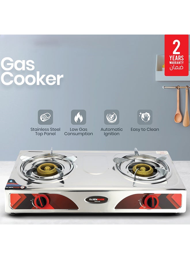 Olsenmark - Double Burner Stainless Steel Gas Cooker OMK2230Z , Enamal Grate And Black Knob, Auto-Ignition Gas Cooker, Electroplated Pan Support, Low Gas Consumption And Efficient Burners OMK2230Z Silver - Image 1