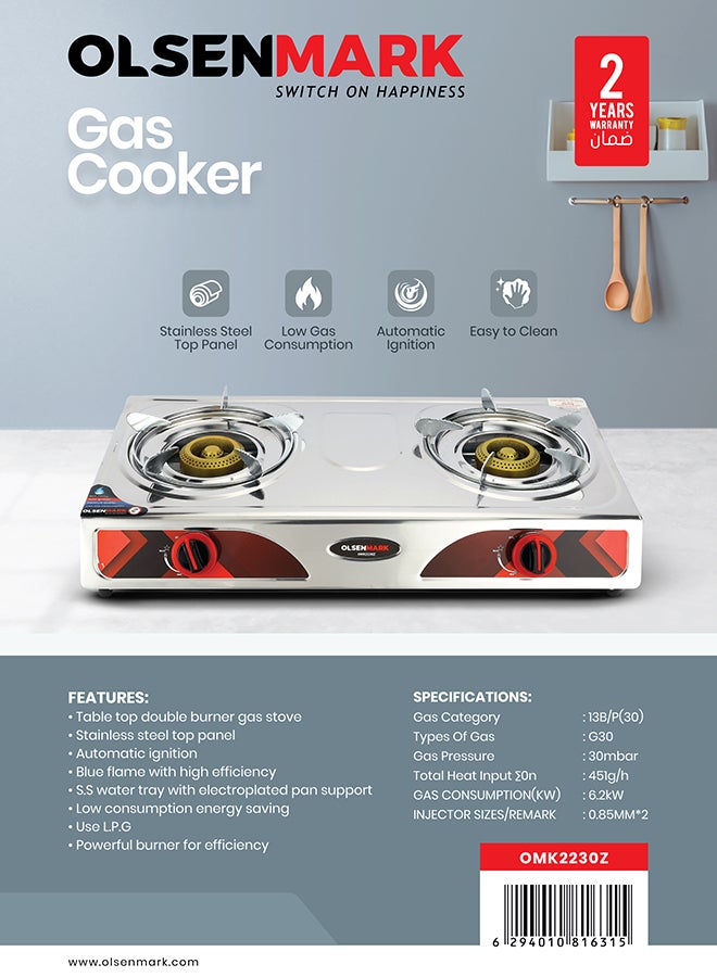 Olsenmark - Double Burner Stainless Steel Gas Cooker OMK2230Z , Enamal Grate And Black Knob, Auto-Ignition Gas Cooker, Electroplated Pan Support, Low Gas Consumption And Efficient Burners OMK2230Z Silver - Image 1