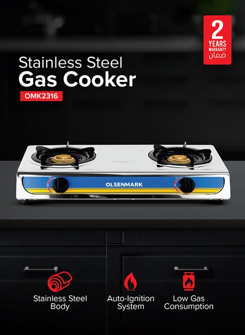 Stainless Steel Double Burner Gas Stove OMK2316 - Auto Ignition - Cast Iron Golden Burner - Heat Resistant Enamel Pan Support OMK2316 Silver