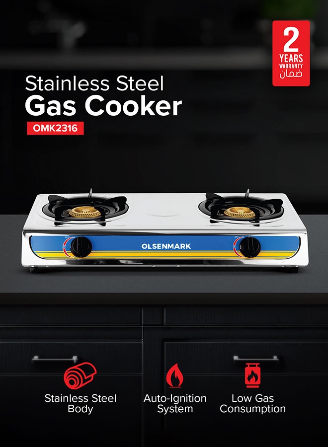 Olsenmark - Stainless Steel Double Burner Gas Stove OMK2316 - Auto Ignition - Cast Iron Golden Burner - Heat Resistant Enamel Pan Support OMK2316 Silver - Image 1