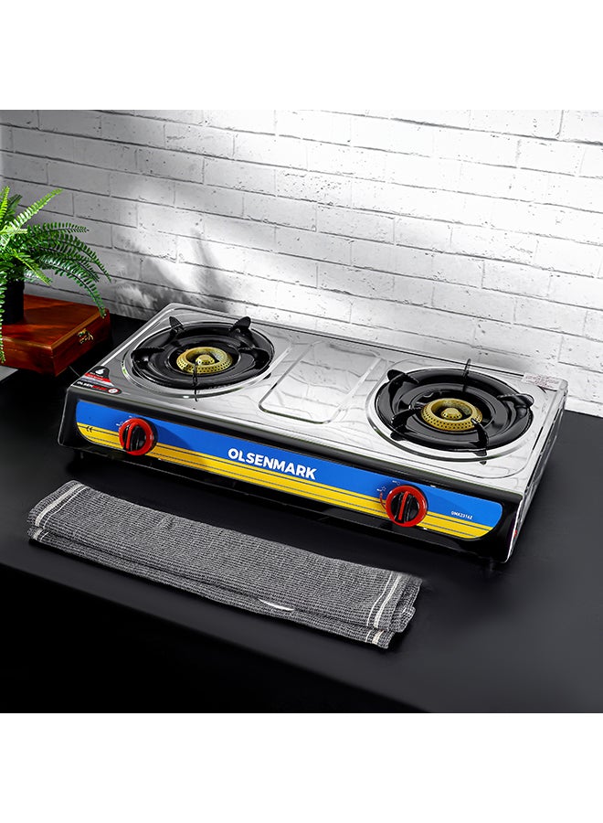 Olsenmark - Stainless Steel Double Burner Gas Stove OMK2316 - Auto Ignition - Cast Iron Golden Burner - Heat Resistant Enamel Pan Support OMK2316 Silver - Image 1