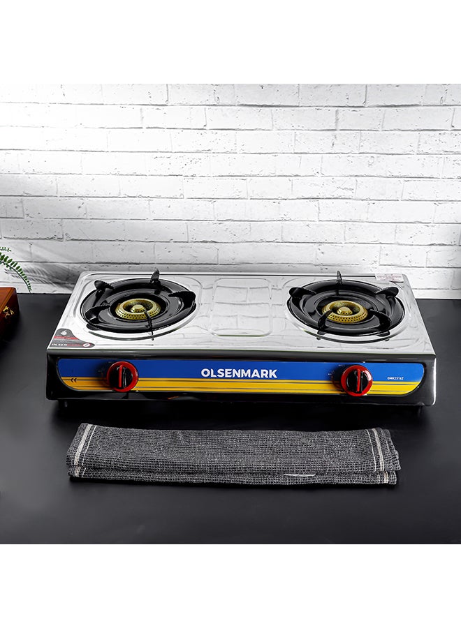 Olsenmark - Stainless Steel Double Burner Gas Stove OMK2316 - Auto Ignition - Cast Iron Golden Burner - Heat Resistant Enamel Pan Support OMK2316 Silver - Image 1