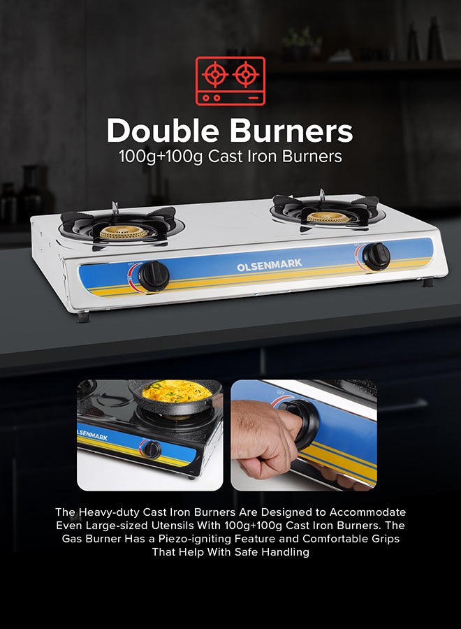 Olsenmark - Stainless Steel Double Burner Gas Stove OMK2316 - Auto Ignition - Cast Iron Golden Burner - Heat Resistant Enamel Pan Support OMK2316 Silver - Image 1