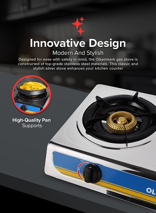 Olsenmark - Stainless Steel Double Burner Gas Stove OMK2316 - Auto Ignition - Cast Iron Golden Burner - Heat Resistant Enamel Pan Support OMK2316 Silver - Image 1