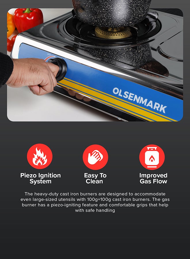 Olsenmark - Stainless Steel Double Burner Gas Stove OMK2316 - Auto Ignition - Cast Iron Golden Burner - Heat Resistant Enamel Pan Support OMK2316 Silver - Image 1
