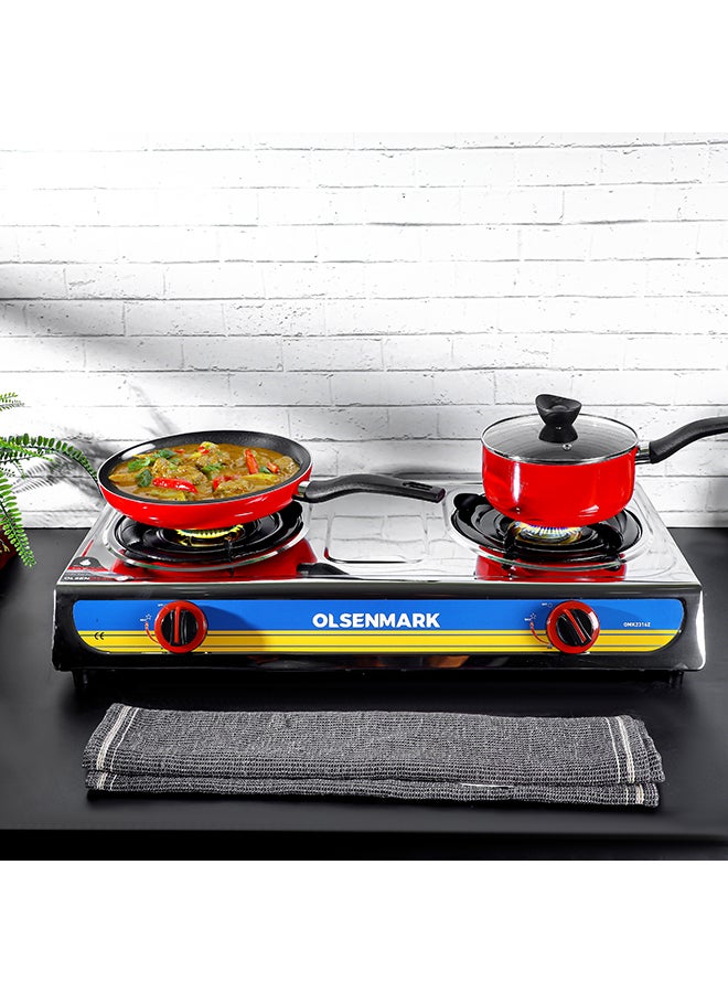 Olsenmark - Stainless Steel Double Burner Gas Stove OMK2316 - Auto Ignition - Cast Iron Golden Burner - Heat Resistant Enamel Pan Support OMK2316 Silver - Image 1