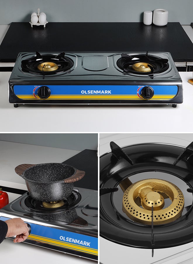 Olsenmark - Stainless Steel Double Burner Gas Stove OMK2316 - Auto Ignition - Cast Iron Golden Burner - Heat Resistant Enamel Pan Support OMK2316 Silver - Image 1