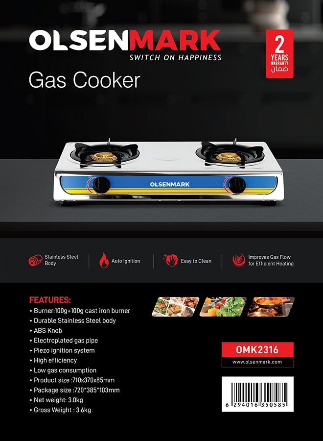 Olsenmark - Stainless Steel Double Burner Gas Stove OMK2316 - Auto Ignition - Cast Iron Golden Burner - Heat Resistant Enamel Pan Support OMK2316 Silver - Image 1