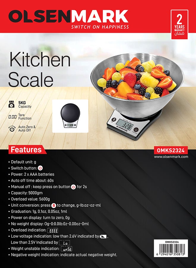 Olsenmark - Olsenmark Kitchen Scale- OMKS2324, 5KG capacity, Auto Zero, Auto Off and Tare Function, 2XAAA Batteries; Low Power Consumption; Low Battery Indicator, Units: grams, lb, oz, and ml Black/Grey - Image 1