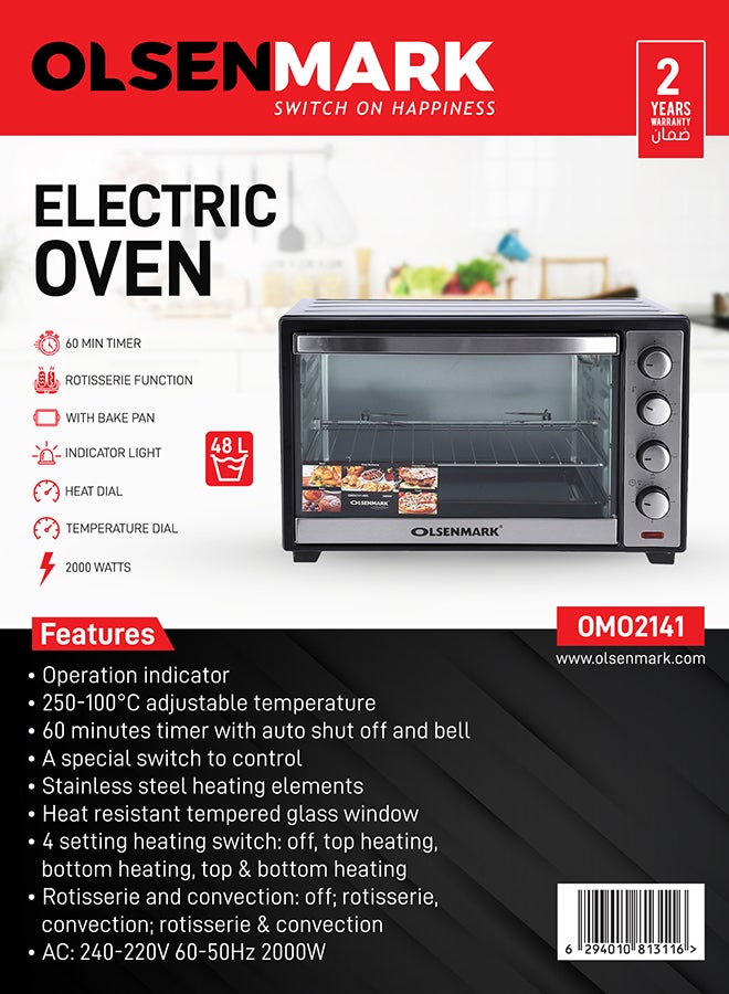 Electric Oven with Convection and Rotisserie, 4 Stage for Heating and Rotisserie 48 L 2000 W OMO2141 Black