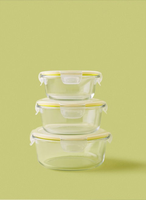 3 Piece Borosilicate Glass Food Container Set - Airtight Lids - Lunch Box - Round - Food Storage Box - Storage Boxes - Kitchen Cabinet Organizers - Glass Food Container - Yellow Yellow 3-Piece (Round)