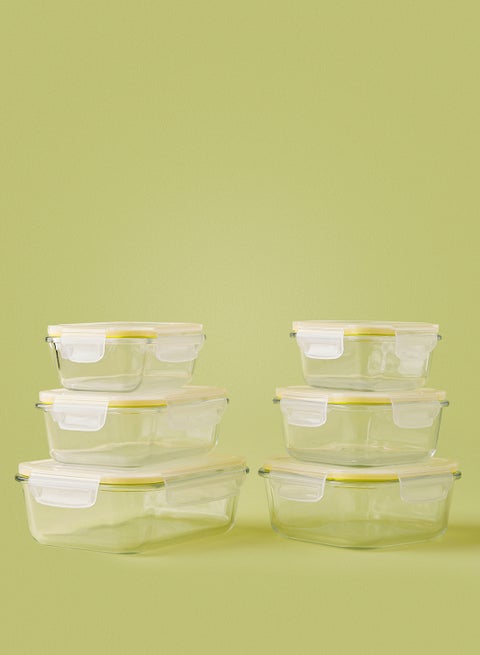 6 Piece Borosilicate Glass Food Container Set - Airtight Lids - Lunch Box - Rectangle + Square - Food Storage Box - Storage Boxes - Kitchen Cabinet Organizers - Glass Food Container - Yellow Yellow 6-Piece (Rectangle/Square)