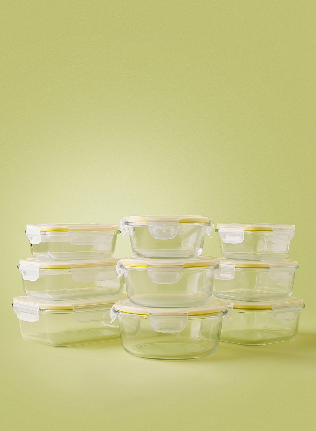 9 Piece Borosilicate Glass Food Container Set - Airtight Lids - Lunch Box - Rectangle + Square + Round - Food Storage Box - Storage Boxes - Kitchen Cabinet Organizers - Glass Food Container - Yellow Yellow 9-Piece (Round/Rectangle/Square)
