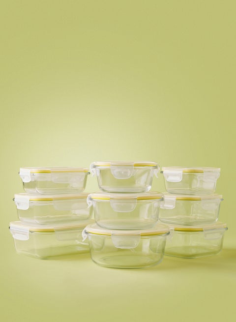 9 Piece Borosilicate Glass Food Container Set - Airtight Lids - Lunch Box - Rectangle + Square + Round - Food Storage Box - Storage Boxes - Kitchen Cabinet Organizers - Glass Food Container - Yellow Yellow 9-Piece (Round/Rectangle/Square)