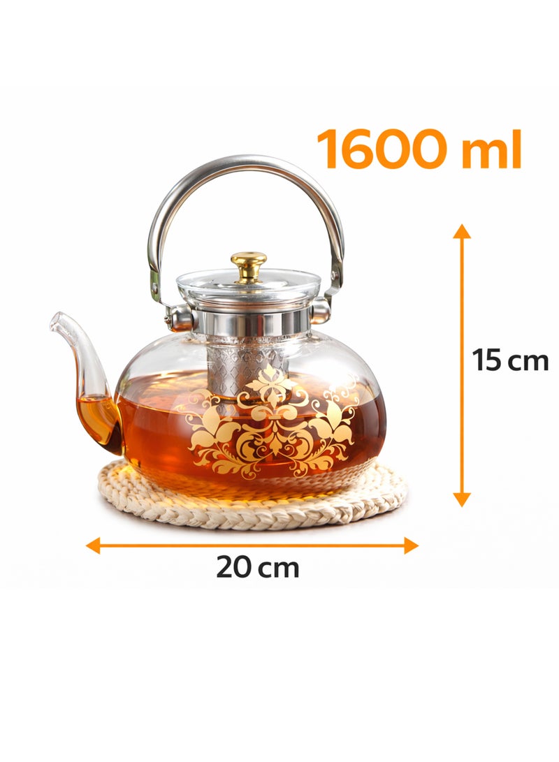 DBLEW Glass Teapot Borosilicate Heat Resistant with Stainless Steel Infuser Gold Design Glass 1600ml - Image 2